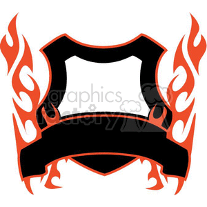Clipart image of a blank shield emblem with an empty banner at the bottom, surrounded by orange flames.