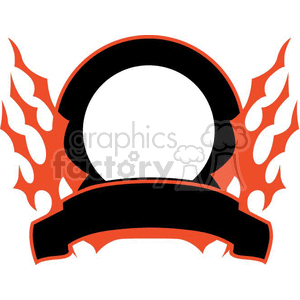 Clipart image featuring a black circular frame with red fiery flame designs around it, and a black ribbon-like banner at the bottom