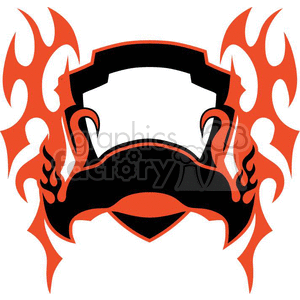 A stylized clipart image featuring a symmetrical design with black and red elements. The design includes fiery flames and shield-like shapes, with a central element that resembles a stylized mustache or banner.