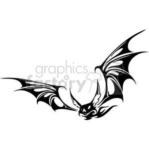 The image is a black and white, vinyl-ready clipart illustration of a bat in flight. The bat has its wings spread wide open, showing a detailed design with sharp, pointed wing tips, which gives it a menacing and spooky look. This style is often associated with themes of Halloween and the gothic.