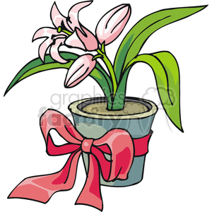 A clipart image of a potted plant featuring pink tulips and green leaves, adorned with a red ribbon bow.