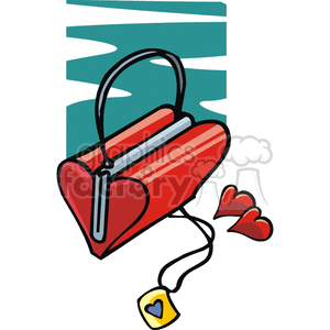 A clipart image of a heart-shaped red purse with a handle, accompanied by smaller red hearts and a pendant.