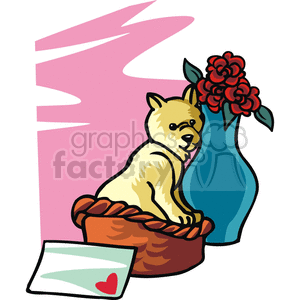 Dog in a basket for a Valentine's Day gift.