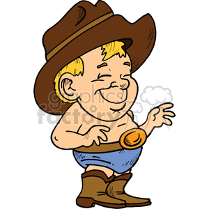 A humorous clipart image of a baby dressed as a cowboy, wearing a large cowboy hat and boots.