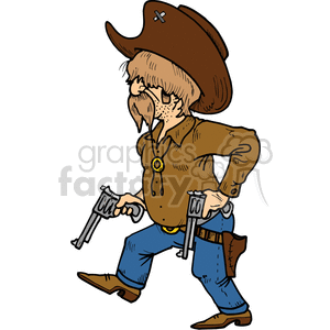 A humorous cartoon illustration of a cowboy gunslinger with a large hat, mustache, and two drawn pistols.