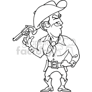 A cartoon cowboy spinning a gun on his finger with a confident expression.