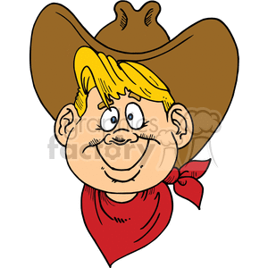 Cartoon image of a smiling cowboy kid wearing a large brown hat and a red bandana.