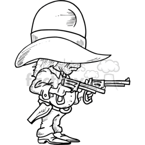 A cartoonish cowboy character with a large hat holding guns in a gunslinger pose, featuring exaggerated and humorous elements.