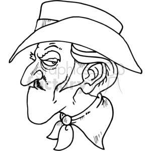 A humorous and exaggerated black and white line drawing of an angry cowboy with a scowl wearing a cowboy hat and neckerchief.