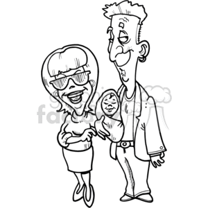 Cartoon illustration of a proud and happy new mom and dad holding their newborn baby.