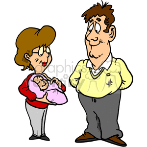 Cartoon illustration of a happy and proud mother and father with a newborn baby.