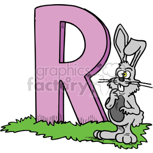 Clipart of a gray cartoon rabbit standing beside a large, pink letter R on a patch of grass.