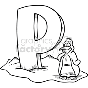 A black and white clipart image of a penguin standing next to a large letter 'P' with an icy background.