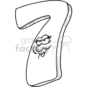 This clipart image features a large number seven with a cartoonish face. The face has expressive eyes, eyelashes, a nose, a mustache, and lips, adding a humorous and lively character to the number.