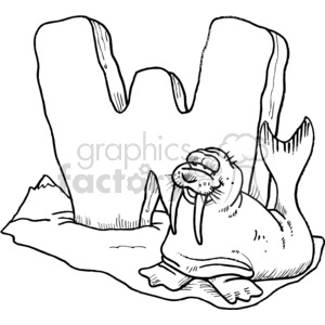 A black-and-white clipart image of a walrus sitting on an ice floe. The background features ice formations, and the largest formation is shaped like the letter W.