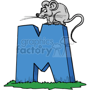 This image is a cartoon drawing of a mouse standing atop a blue letter 'M'. The mouse is light grey with two black eyes and a small black nose.