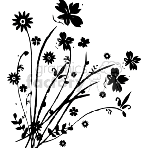 A black and white floral design featuring various flowers and swirling stems, suitable for tattoos and vinyl art.