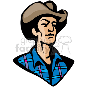 A clipart image of a western cowboy wearing a brown hat and blue plaid shirt.