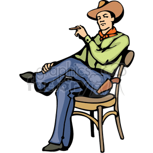 Clipart image of a relaxed cowboy sitting on a chair, dressed in typical Western attire with a hat, boots, and bandana.