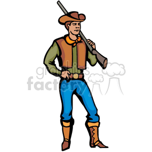 Clipart image of a cowboy in a western outfit, holding a rifle.