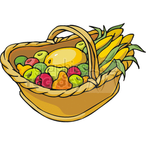 A Thanksgiving-themed clipart image featuring a woven basket filled with a variety of fruits and vegetables, including apples, pears, and corn.