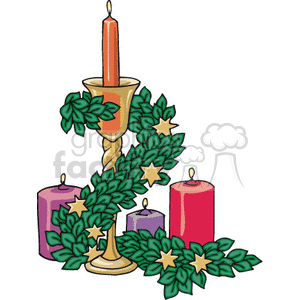 A clipart image of a Thanksgiving centerpiece featuring a tall candle in a holder, surrounded by green leaves and stars, with additional candles in the background.