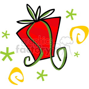 Whimsical clipart of a red gift box with a green ribbon, surrounded by yellow and green decorative swirls and stars.