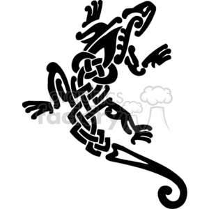 This image shows a black silhouette of a tribal-style lizard. The design is intricate, with interlocking patterns that suggest a connection to tribal art. The lizard's body and tail are adorned with swirls and shapes that give it a decorative and stylized appearance.