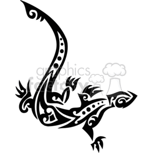 The image is a black and white tribal-style illustration of a lizard. It features stylized curves, spirals, and patterns typical of tribal design, often used in tattoos, vinyl decals, and artwork.