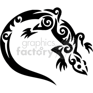The image is a black and white tribal art design of a lizard. It features stylized and decorative curves and swirls that make up the body and legs of the lizard, lending it an artistic and ethnic appearance.