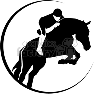 A black and white clipart image featuring a silhouette of a horse and rider jumping within a circular frame.