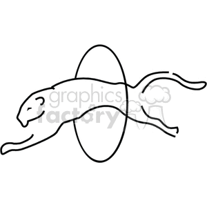 Simple black and white clipart of a cheetah jumping through a hoop.
