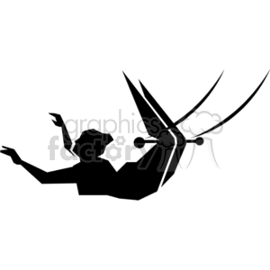 Black and white clipart image of a person performing a trapeze act mid-air