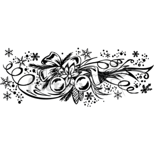 A festive black and white clipart featuring Christmas decorations including a poinsettia, ornaments, pine cones, ribbons, and snowflakes.