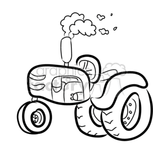 The clipart image depicts a cartoon-style illustration of a tractor, with large rear wheels and smaller front wheels. The tractor has a simple, curved body design with visible lines to suggest panels and a door. It is equipped with a smokestack from which plumes of smoke are billowing out and rise in puffy clouds, suggesting the engine is running. The overall style is whimsical and could be appealing for children or for conveying a light-hearted farming theme.
