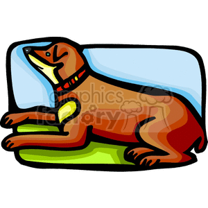 The clipart image illustrates a stylized depiction of a dog lying down on a green surface, possibly a bed or mat, with a blue background behind it. The dog appears content and relaxed. It has a brown coat, a red collar around its neck, and white and black accents giving shape and definition to its form.