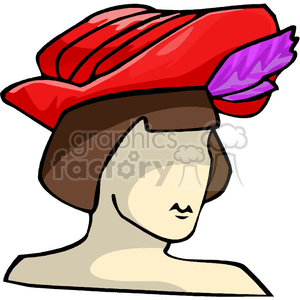 A clipart image of a woman wearing a stylish red hat with a purple feather.