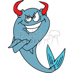 The clipart image features a whimsically designed fish with a devilish appearance. The fish is blue in color, with prominent red horns, an exaggeratedly mischievous grin, sharp teeth, glaring eyes, and a pointed tail fin, which resembles a devil's tail. Its tail is curved, creating a dynamic and cheeky posture.