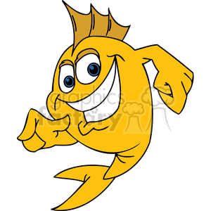 The image features a cartoon of a cheerful goldfish that is anthropomorphized with human-like features. The fish is yellow with a smiling face, has pronounced blue eyes, and appears to be pointing with one of its fins as if gesturing or indicating a direction. The goldfish also has a prominent fin on the top of its head depicted with spiked edges, typical of cartoon representations of a goldfish's dorsal fin.