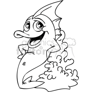 The image is a black and white line art drawing of a cartoonish, anthropomorphic fish with a playful expression. The fish has a large, pointed fin on its back, wide eyes, a pronounced mouth with a protruding tongue, and is surrounded by bubbly shapes which could represent water or coral.