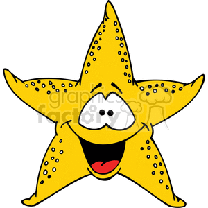 The clipart image shows a yellow starfish with a big smile, which appears to be happy and cheerful. The starfish is depicted as a cartoon character, with exaggerated features and a comical expression. It is an aquatic creature that lives in the sea.