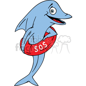 The clipart image depicts a whimsical cartoon of a blue dolphin holding onto a red life ring with the letters SOS on it. The dolphin is depicted with a large eye and a smile, adding to the humorous nature of the image.