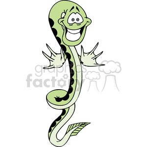 This clipart image depicts a comically stylized green sea snake. The snake has a friendly and funny face with wide eyes and a large smile, flippers instead of traditional snake scales, and a leaf-like pattern on its tail.