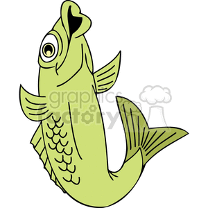 This is an image of a stylized, cartoonish fish that appears to be a carp. It has a large, exaggerated eye and an open mouth, giving it a funny and silly expression. The fish is oriented as if it's swimming upward, with its tail curved behind it.