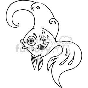 This clipart image features a line drawing of a whimsical fish. The fish exhibits an exaggerated curled shape to its body and tail, and possesses prominent, stylized fin and tail details. It has a large eye and a surprised or startled expression.