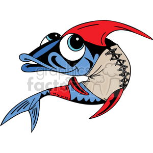 The image provided is a colorful clipart of a stylized fish wearing a jacket. The fish has prominent cartoonish eyes, a red fin resembling a mohawk hairstyle, and is dressed in a jacket with contrasting red and blue hues. One of the sleeves appears to be patched with rough stitching.