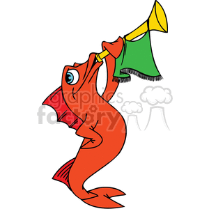The clipart image depicts a whimsical and cartoonish orange fish playing a large horn. The fish stands upright on its tail fins and holds the horn with its fins as if it had arms. It appears to be blowing into the horn, and the fish's mouth is puffed out in the effort. 
