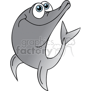 The clipart image features a caricature of a dolphin. The dolphin is styled in a whimsical manner with exaggerated, large, googly eyes, and a friendly, open-mouthed smile. The color scheme is simple, with shades of gray and highlights suggesting a smooth, glossy texture, typical of dolphins.