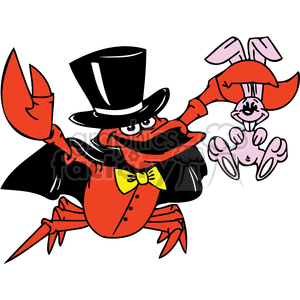 This image features a cartoon depiction of a lobster dressed as a magician, complete with a top hat, cape, and a bow tie. The lobster is performing a magic trick where it is holding a pink rabbit in its claw, similar to the classic magician's act of pulling a rabbit out of a hat.