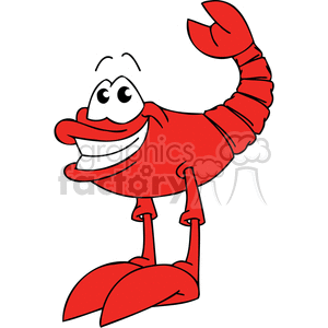 This image features a cartoon representation of a red lobster. The lobster has a smiling face, large cartoonish eyes, and is standing upright on its tail and two legs.